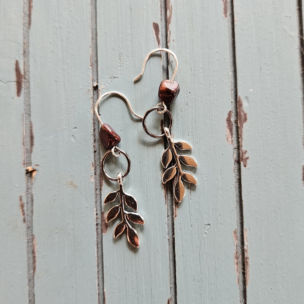Handmade Silver Leaf Earrings with Cat Eye Beads